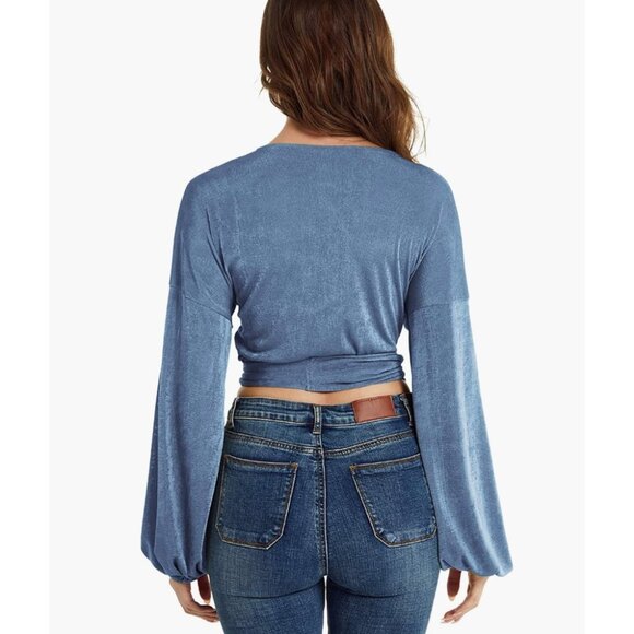 Steel Blue Knit Tie Front Belted V-Neck Long Sleeve Bishop‎ Wrap Top Sweater - Picture 6 of 6